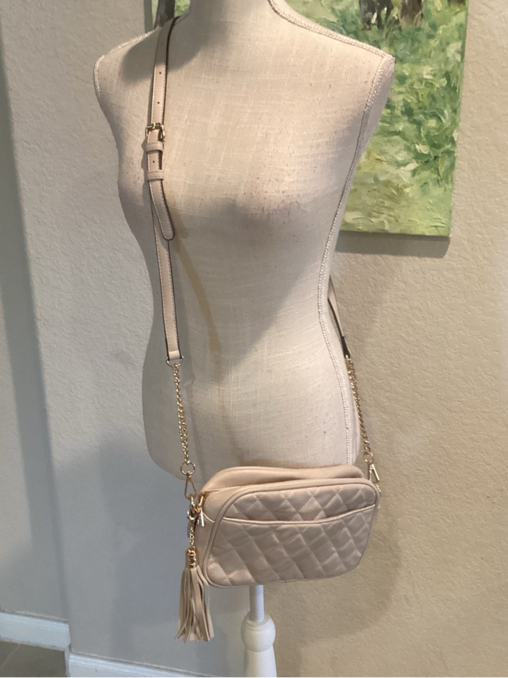 Lola Mae Quilted Crossbody Bag with Tassel in Beige - Picture 2 of 8